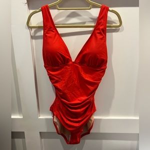 J.Crew, size 10, red ruched V-neck one-piece, NWT